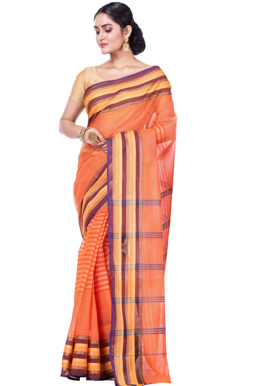 Orange Pure Cotton Khajur_Churi_Strip Tant Saree (656)